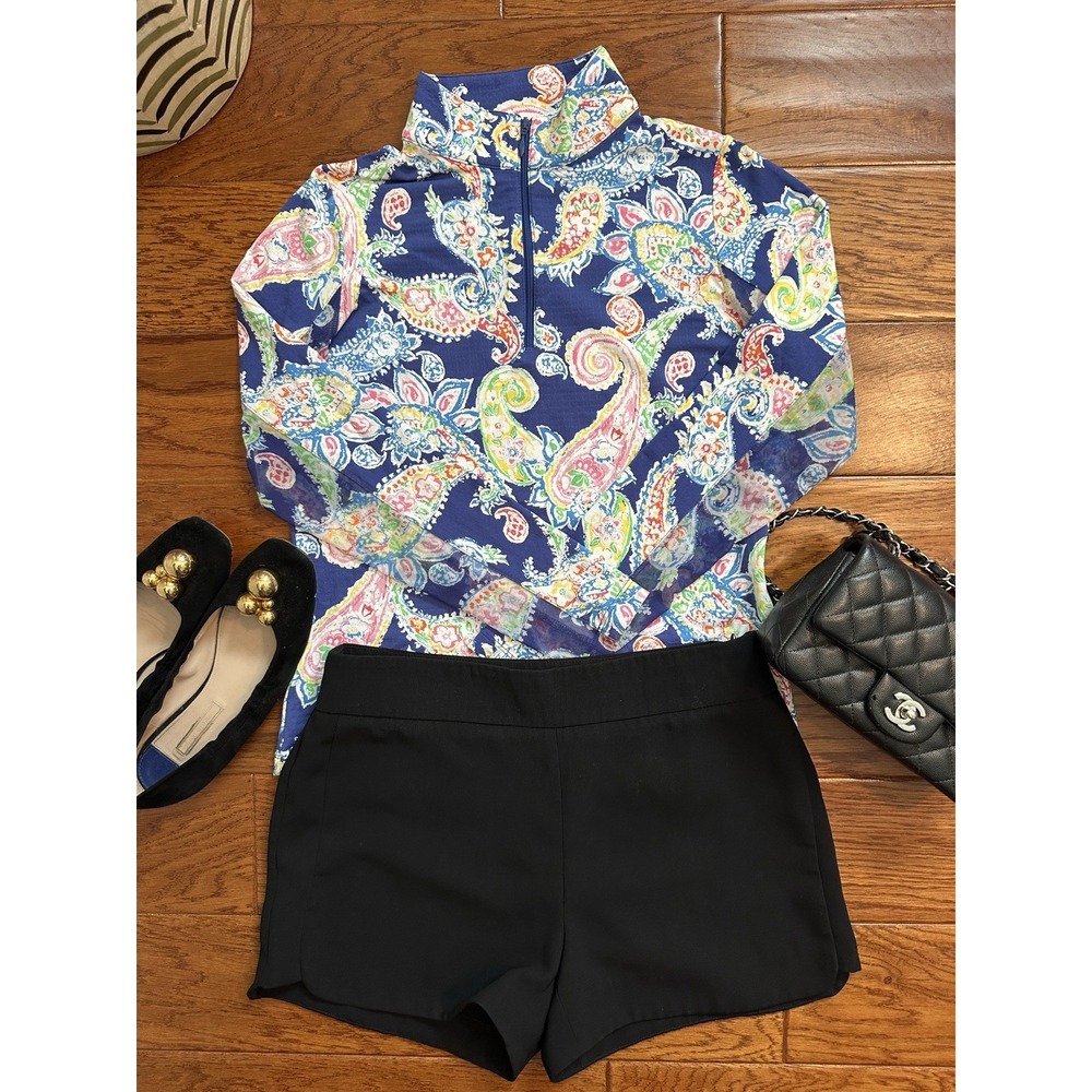 IBKUL Womens XS Blue Paisley Print UPF 50 Long Sleeve 1/4 Zip Golf Tennis Top